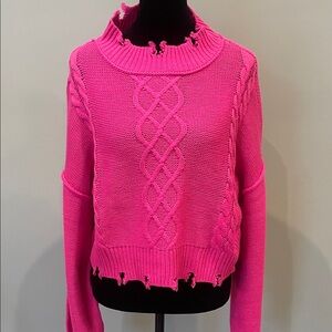Women's Pink Cable Knit Sweater new tattered look